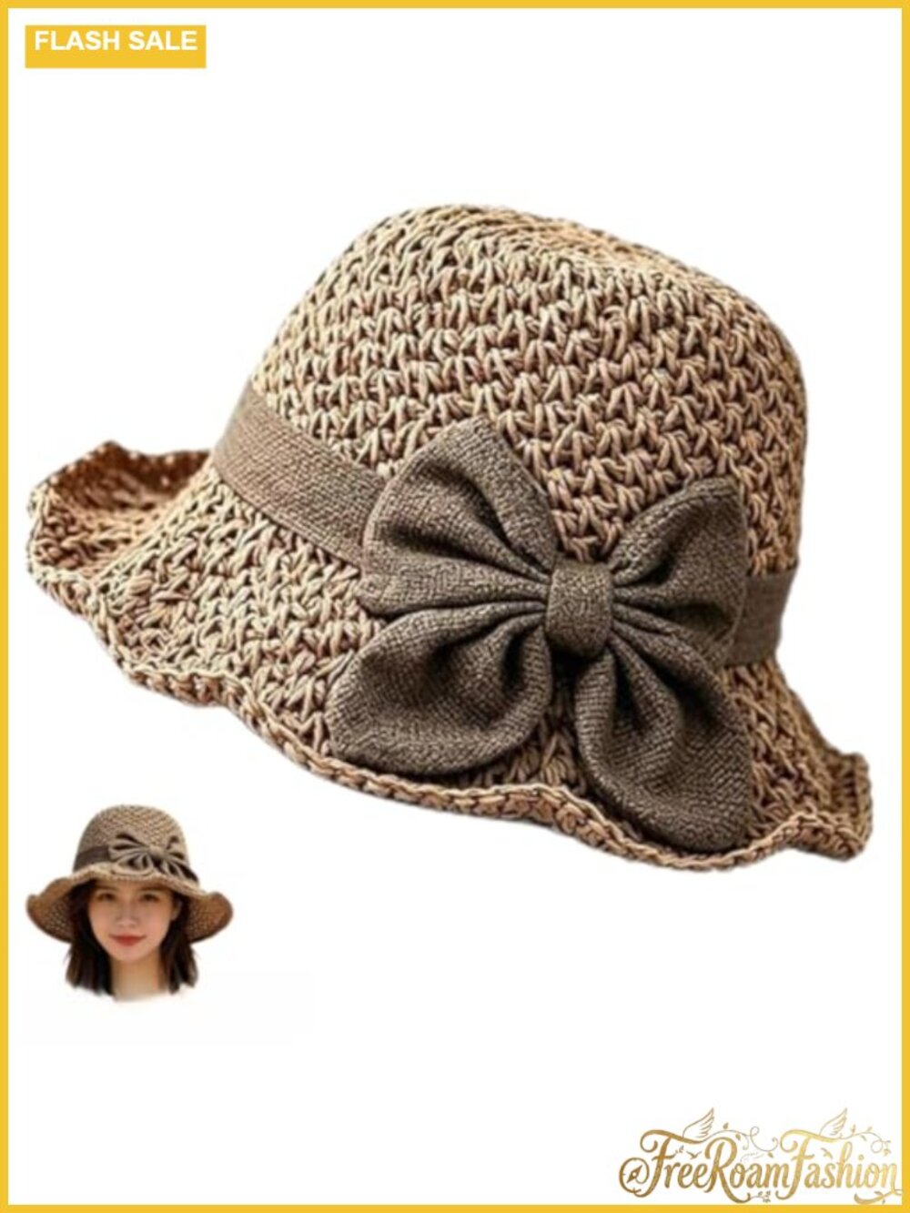 Woven Straw Sun Hat Foldable Wide Brim Beach Travel Hat Ruffled Bow